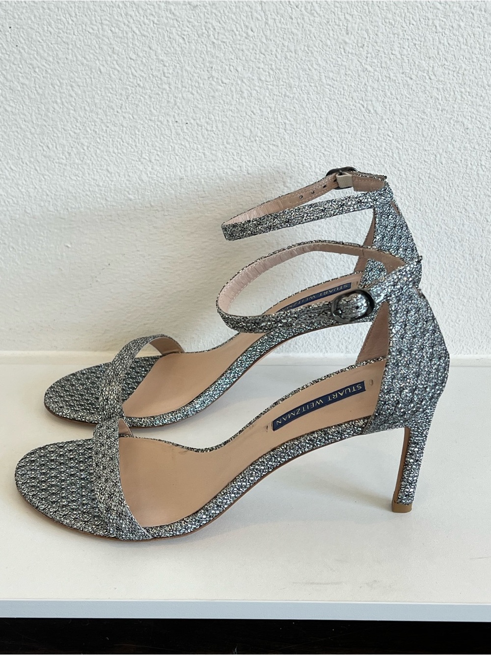Stuart Weitzman Glitter Silver Ankle-Strap Heels